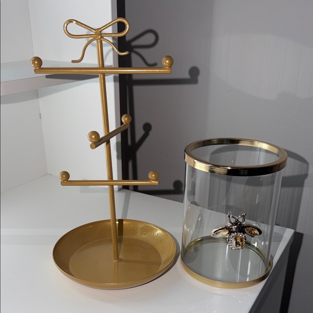 Jewelry Stand & Glass Trinket Bee Jar Set